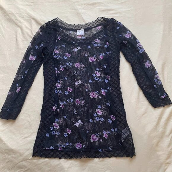 Free People | Intimately Black Floral Mesh Long Sleeve Top | Size XS/S - Picture 1 of 3